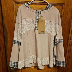 POL Pink Plaid Lace Rough Hem  Hoodie Top  NWT